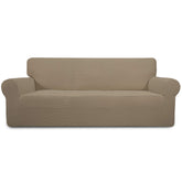 Easy-Going stretch slipcover in natural color, front view showing protection and style