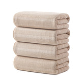 ecolook four-pack camel bath towels offer full-body coverage.