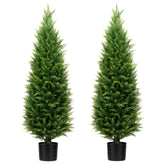 ECOLVANT 4ft artificial cedar topiary two-pack displayed on a front porch for outdoor durability.