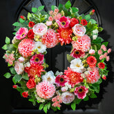EcoRing spring wreath with dahlias for front door boosts curb appeal.