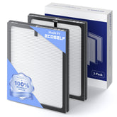 ECOSELF HAP603 replacement filter closeup shows authentic 3-in-1 HEPA, carbon, and pre-filter design.