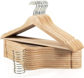 Edergoo 20-pack wooden hangers in closet save space and keep garments organized.