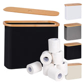 efluky toilet paper basket with lid, front view showing organized rolls and sleek black finish