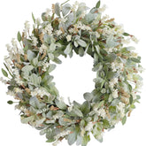 Egolot 24-inch ivory flowers wreath for front door with lush lamb ear leaves