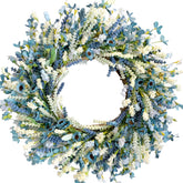 Egolot 26-inch blue ivory lavender wreath on front door for welcoming curb appeal.