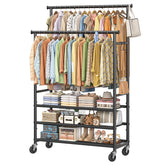 Ekisemio double rods clothes rack base stability shows sturdy support for heavy garments.