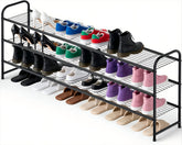 Ekisemio long 3-tier shoe rack organizes six pairs per tier in a spacious closet.