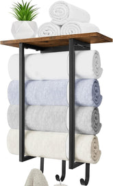 Eliteroo towel rack with wooden shelf mounts on wall for organized towels.