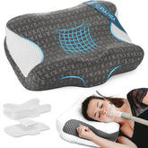 Elviros CPAP pillow with side cutouts for mask relief and tubing management