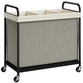 ELYKEN laundry hamper 3-section front view with wheels, ideal for compact spaces and easy transport.