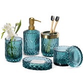 EMPO six-piece bathroom glass set in ocean teal blue enhances serene decor
