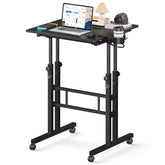 Enayplon small standing desk with wheels and cup holder for easy movement.