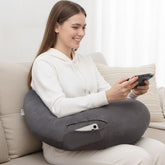 ENITYA extra-large ergonomic pillow crocheting-ready lap surface for comfortable crafting in bed.