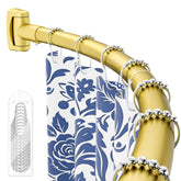 ENJOYBASICS curved shower rod in gold boosts space and enhances bathroom aesthetics.