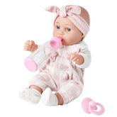 Enjoyin 12-inch doll in pink clothes for cuddling and pretend play.