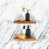 ENKEZI Acacia two-tier corner shelf mounted on tiled wall for organized shower storage.