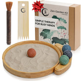 ENSO SENSORY Zen Garden Kit on a desk with a 12-inch bamboo tray for calm focus.