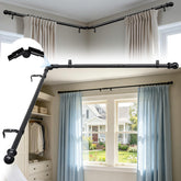 ETICSIPA corner curtain rod shown with corner connector and sleek black finish for flexible corner mounting.