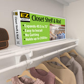 EZ Shelf closet shelf with hanging rod extended between walls for versatile storage.
