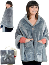 EzrAllora premium poncho blanket front view in silver grey, showcasing soft warmth and drape
