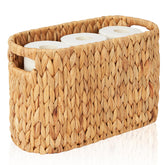 FairyHaus wicker toilet paper basket front view highlights compact storage.