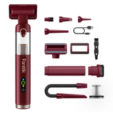 Fanttik Slim V10 Apex red cordless car vacuum with dustbin access for quick cleanup.