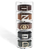 FEMELI belt organizer in clear acrylic provides instant visibility for quick belt selection.