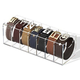 FEMELI belt organizer front view shows seven clear compartments for quick belt selection