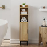 FerniTry oak finish cabinet fits a tight corner for tidy bathroom storage