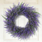 FestalMart 26-inch lavender-eucalyptus wreath on front door enhances curb appeal and seasonal charm.
