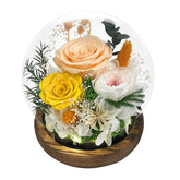 FIACO preserved rose under a glass dome on a wooden base, long-lasting centerpiece.