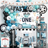 Fiesec Fast One backdrop featuring retro blue car for a first birthday