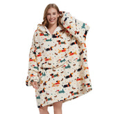 Fiosnow dachshund blanket hoodie front view offers oversized warmth for cozy lounging.