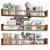 Fixwal three-pack brown nursery shelves mounted on wall for organized books.