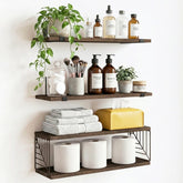 Fixwal over-toilet floating shelves highlight warm farmhouse style and practical storage.
