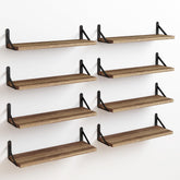 Fixwal rustic floating shelves set of eight in carbonized black for stylish wall storage.