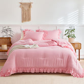 Flysheep pink ruffled comforter close-up shows soft microfiber feel