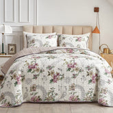 Flysheep quilt set king beige floral front view for year-round comfort.