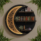 FNYDOX crescent moon wall shelf with LED glow displays crystals.