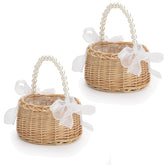 Fofetbfo 2pc wicker flower girl basket with pearl handle, ideal for wedding petal scattering