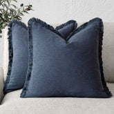 Foindtower fringe pillow cover navy edge closeup showing detailed tassels for stylish living room decor.