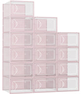 Foluck 15-pack shoe storage boxes neatly organized in a closet for easy access.
