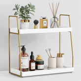 Forbena 2-tier white-gold organizer, front view, keeps vanity tidy.