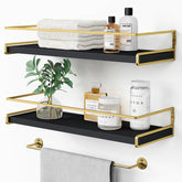 Forbena black and gold wall shelves showing space-saving style.