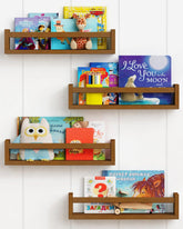 Forbena walnut brown nursery bookshelf wall mounted four pack keeps toys organized and within reach.