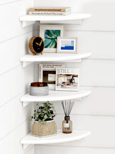Forbena White Corner Floating Shelves set 4 on a wall corner, ideal for tidy small spaces.