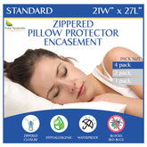 Four Seasons Essentials pillow protectors pack protects standard 21x27 pillows from stains and dust.
