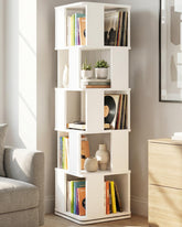 Foxemart 5-Tier rotating bookshelf tower in corner shows ample storage