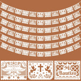 Frienda baptism banner close-up shows durable white plastic for lasting decor.