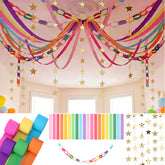 Frienda colorful paper chains drape across a ceiling for a bright party backdrop